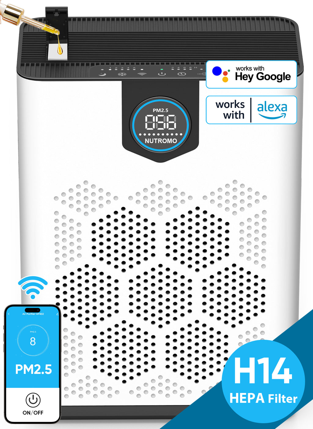 NUTROMO Smart HEPA H14 Air Purifier for Home Large Rooms, Covers up to 3,000 sq. ft., CADR 400 m³/h, 2 Washable Filters, PM2.5 Display. Removes Allergies, Dust, and Pet Hair, 22dB