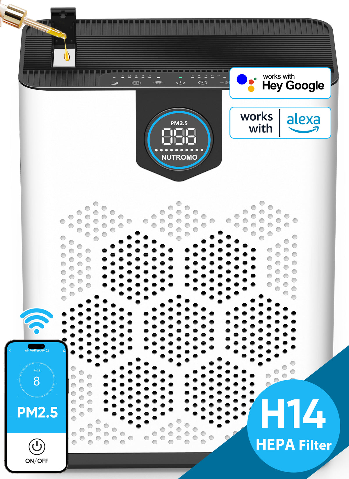 NUTROMO Smart HEPA H14 Air Purifier for Home Large Rooms, Covers up to 3,000 sq. ft., CADR 400 m³/h, 2 Washable Filters, PM2.5 Display. Removes Allergies, Dust, and Pet Hair, 22dB