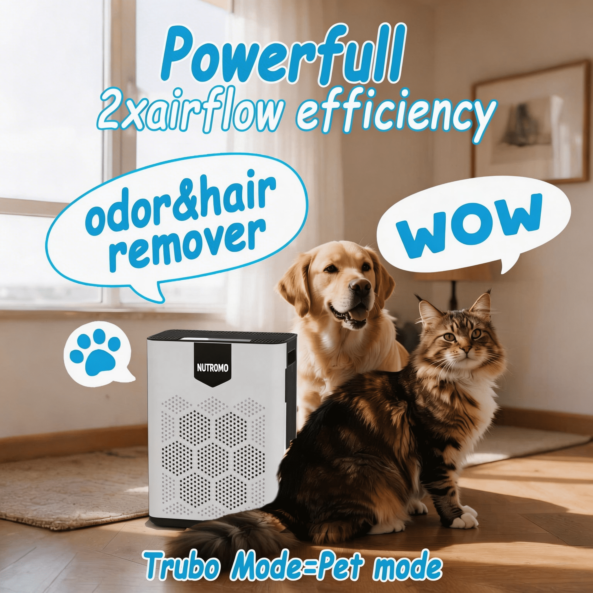 NUTROMO Smart HEPA H14 Air Purifier for Home Large Rooms, Covers up to 3,000 sq. ft., CADR 400 m³/h, 2 Washable Filters, PM2.5 Display. Removes Allergies, Dust, and Pet Hair, 22dB