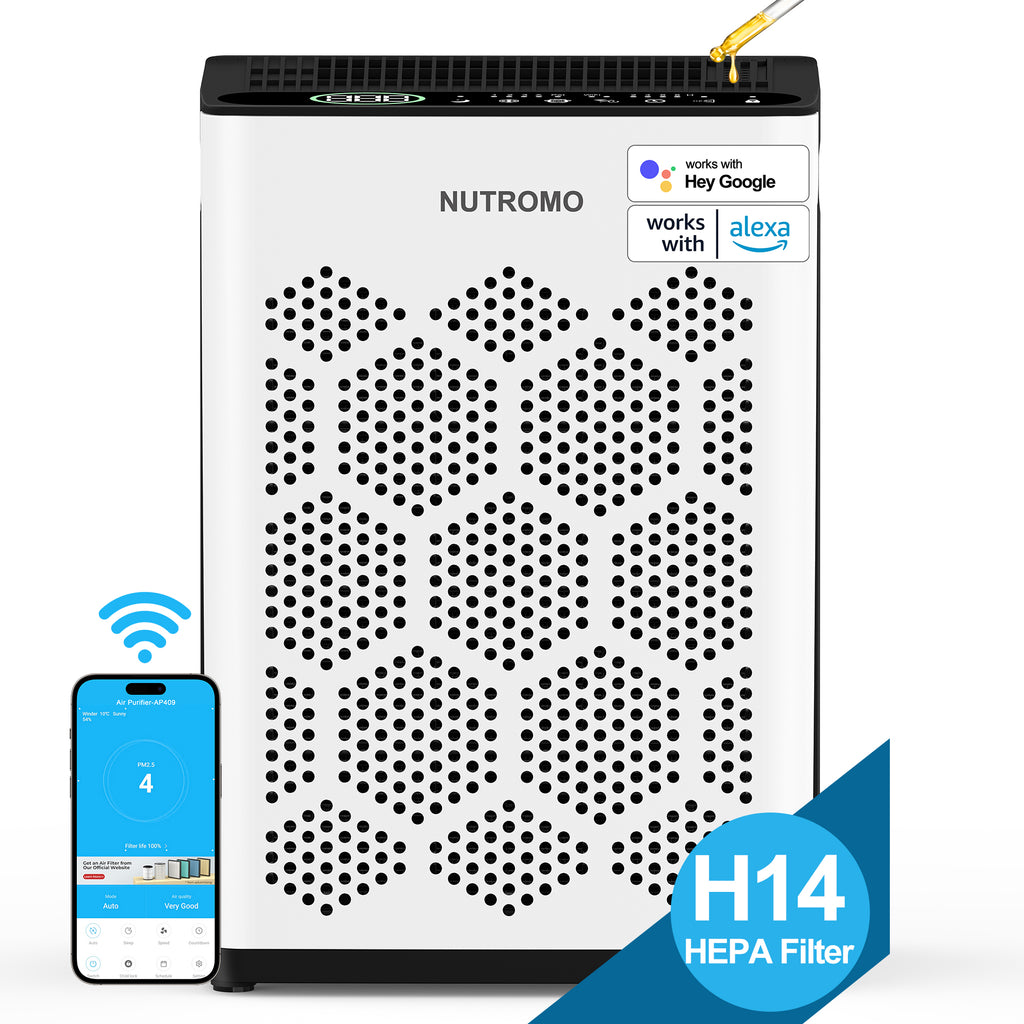 NUTROMO Smart H14 HEPA Air Purifier for Home up to 2400 Sq. Ft., Washable Pre-Filter, Aromatherapy, Air Purifier for Allergies and Asthma