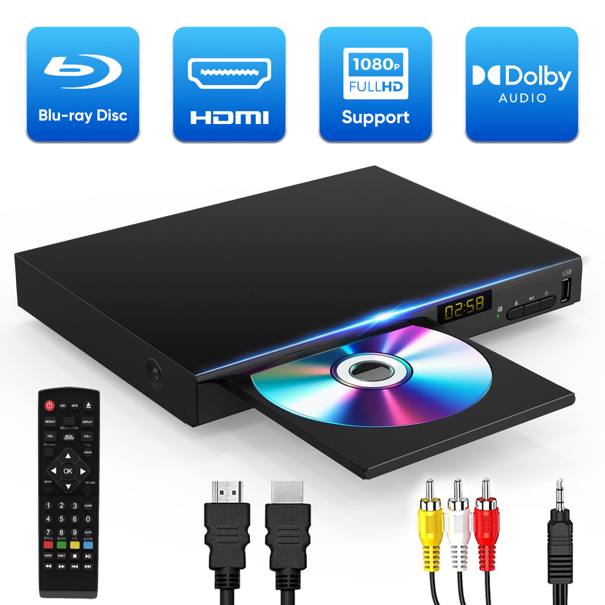 Blu-ray DVD Player with Dolby Digital, Plays Blu-ray and DVD Discs, Supports HDD and USB Playback