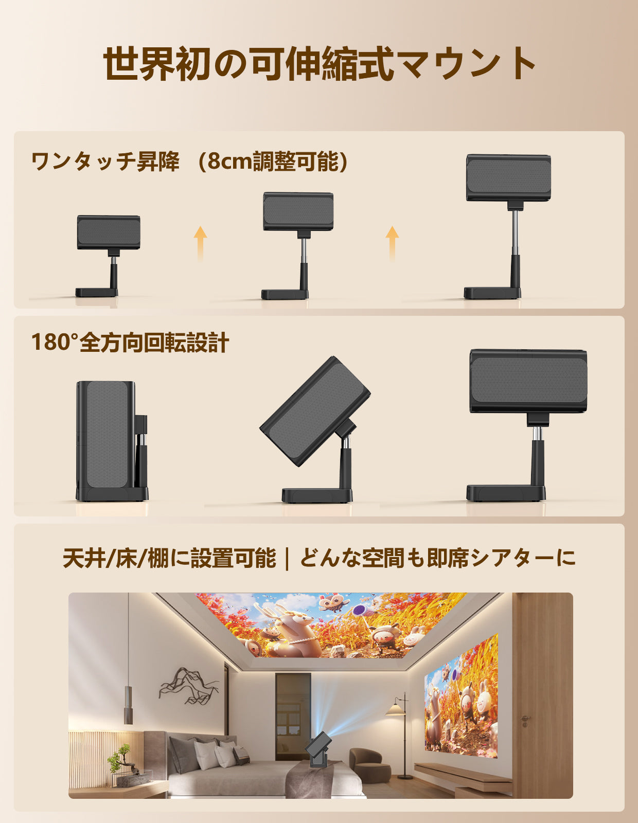 【伸縮式スタンド付き・最新Android TV 搭載】プロジェクター 家庭用 25000LM フルHD1080P 4K対応 電動フォーカス＆自動台形補正 ホームプロジェクター 高輝度 短距離投影 軽量 スマホ/パソコン/PS機/DVD接続可 スタンド一体型 プレゼント 日本語取扱説明書