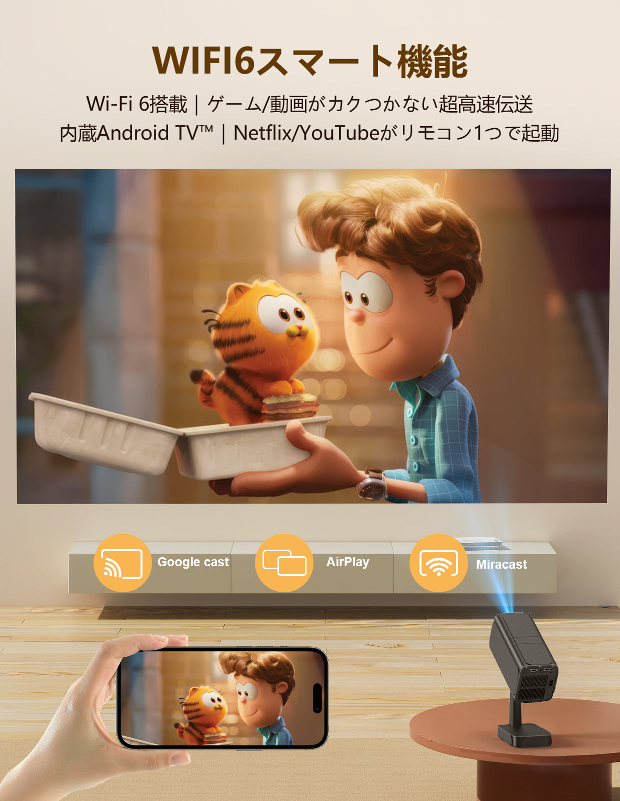 【伸縮式スタンド付き・最新Android TV 搭載】プロジェクター 家庭用 25000LM フルHD1080P 4K対応 電動フォーカス＆自動台形補正 ホームプロジェクター 高輝度 短距離投影 軽量 スマホ/パソコン/PS機/DVD接続可 スタンド一体型 プレゼント 日本語取扱説明書