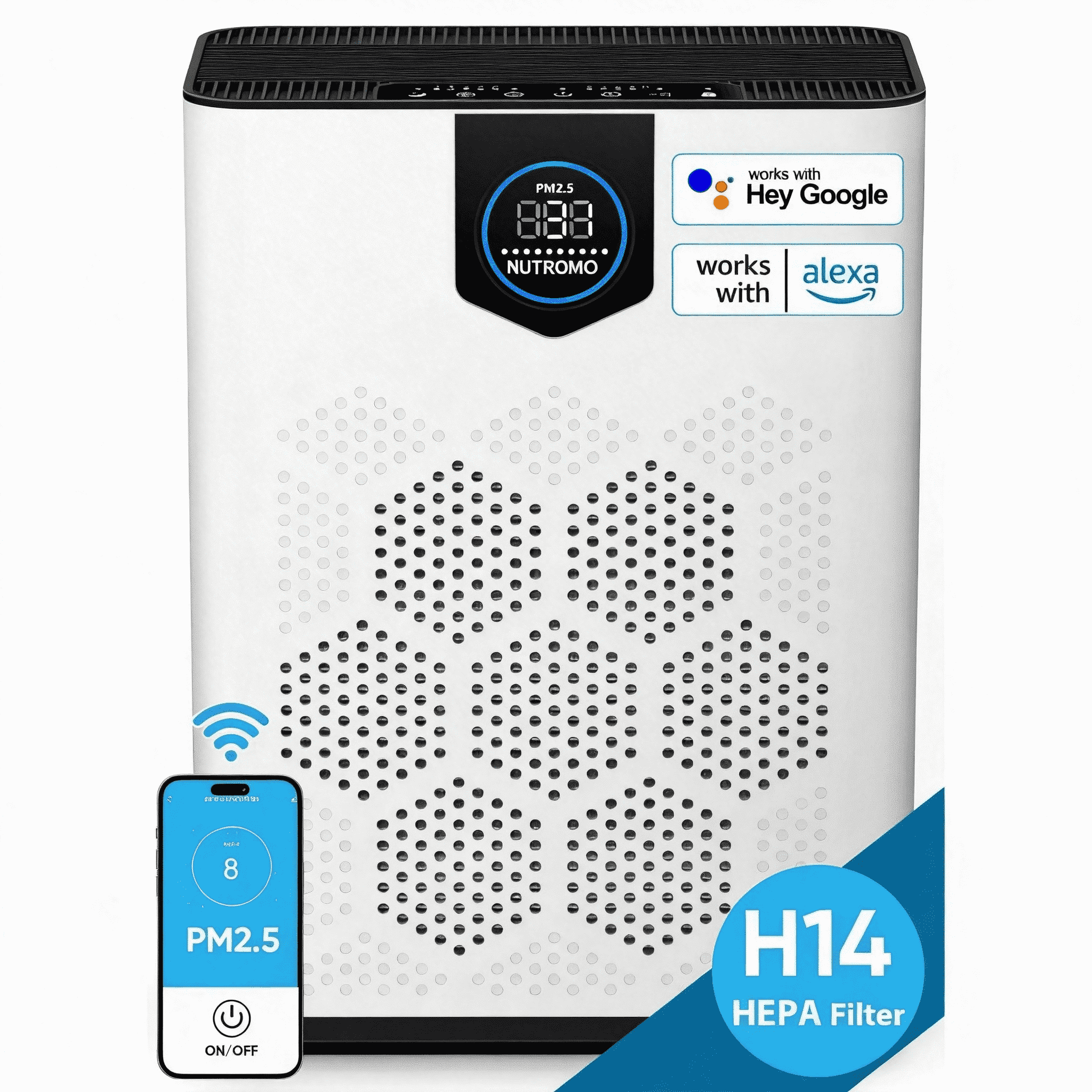 NUTROMO Smart HEPA H14 Air Purifier for Home Large Rooms, Covers up to 3,000 sq. ft., CADR 400 m³/h, 2 Washable Filters, PM2.5 Display. Removes Allergies, Dust, and Pet Hair, 22dB